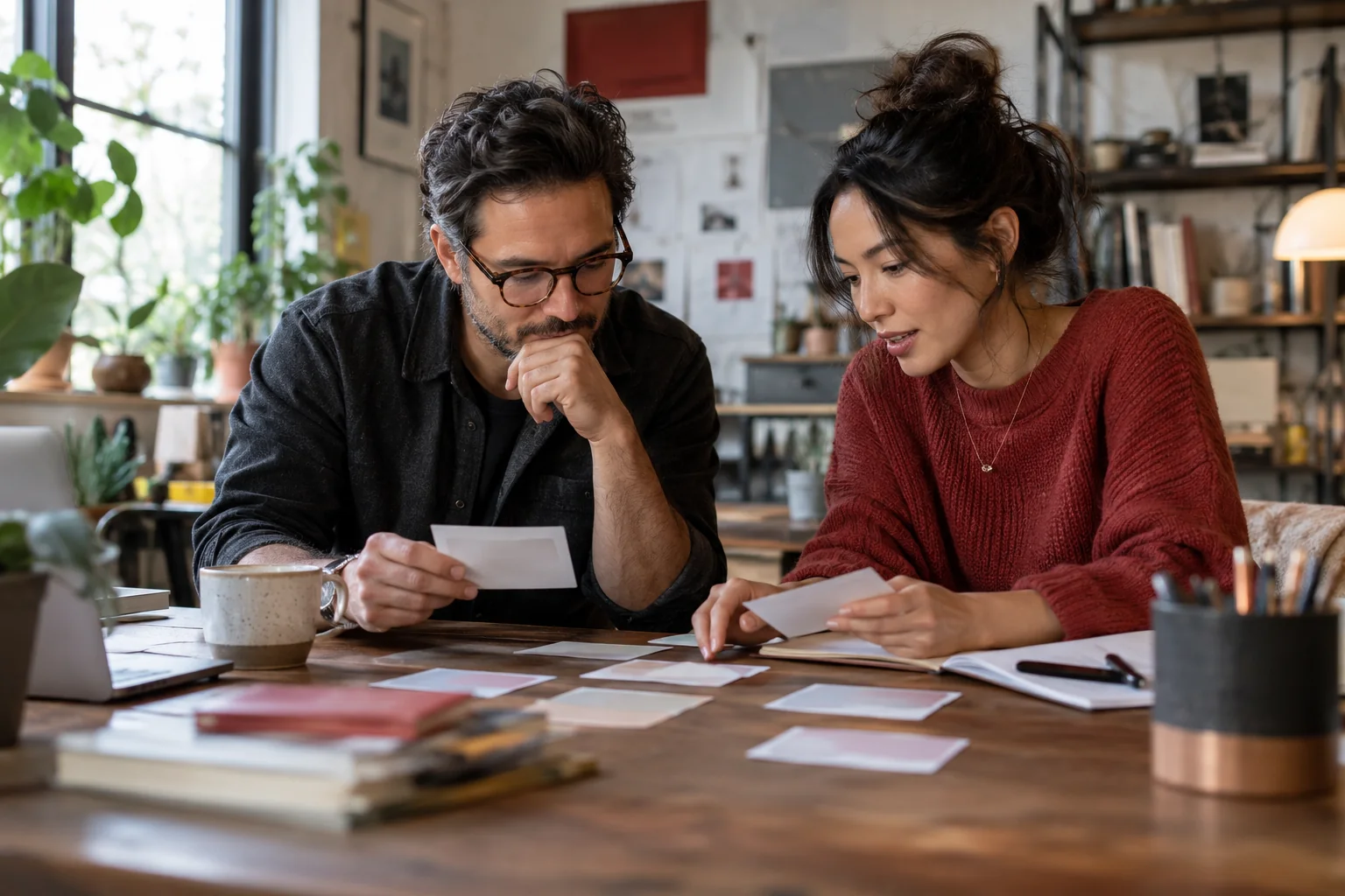 Two professionals reviewing anonymized audience questions together in a studio.
