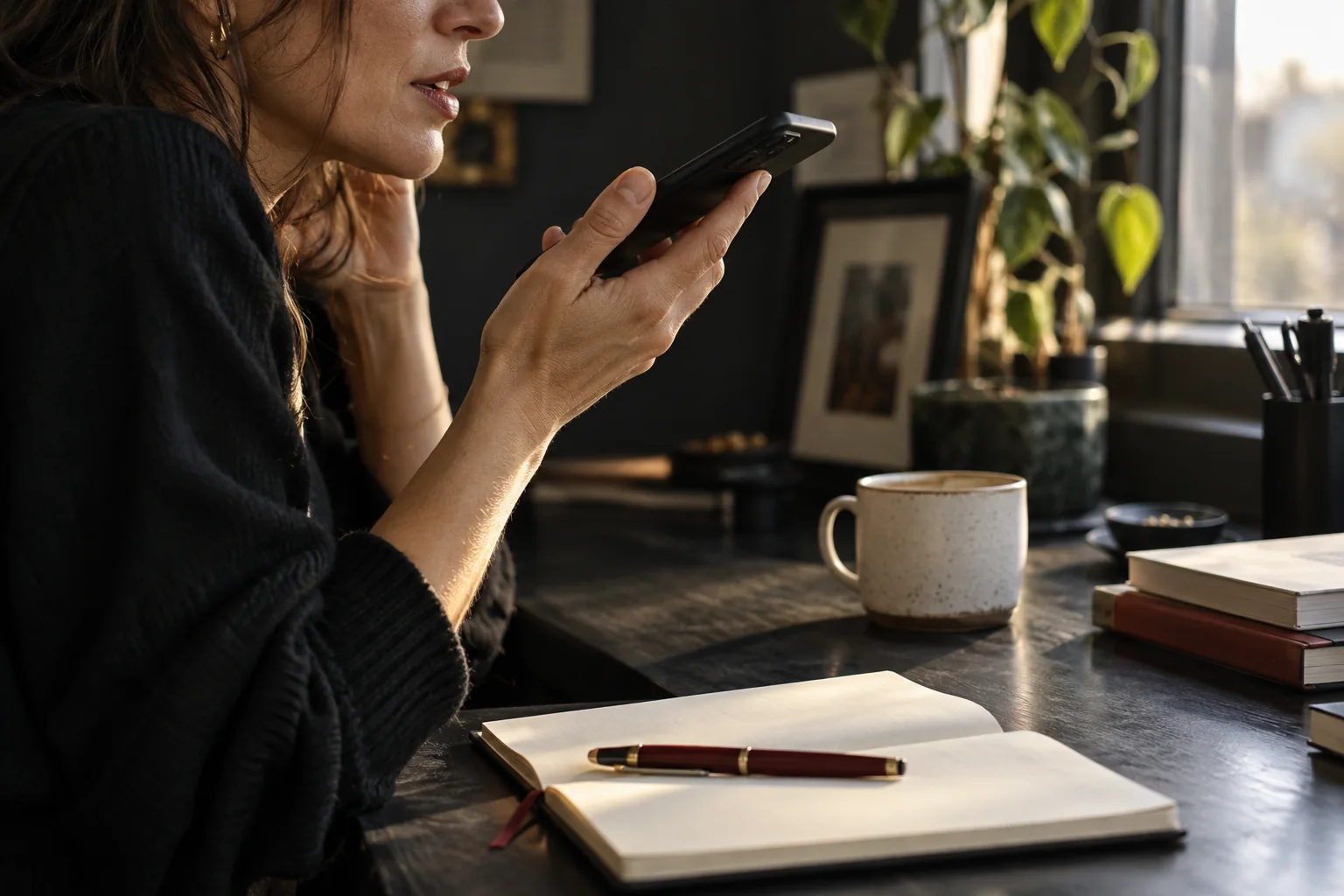A professional making a private voice note at a desk, illustrating how everyday work can surface a content idea.