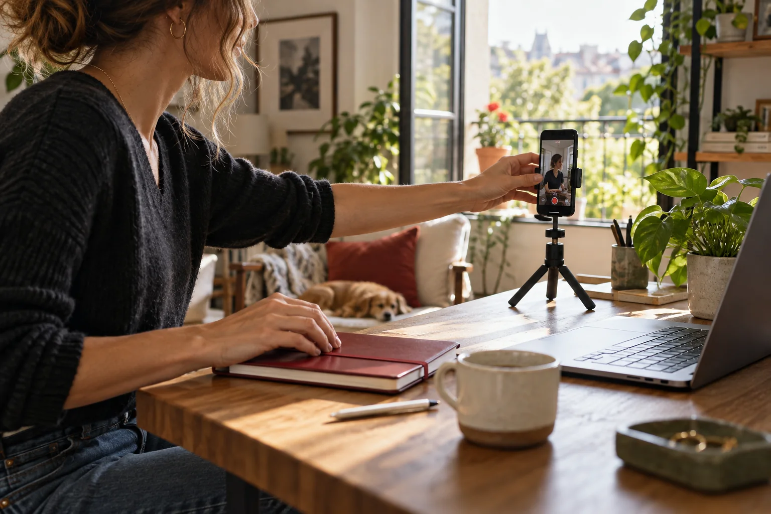 An expert setting up a short recording beside a simple weekly planning notebook.