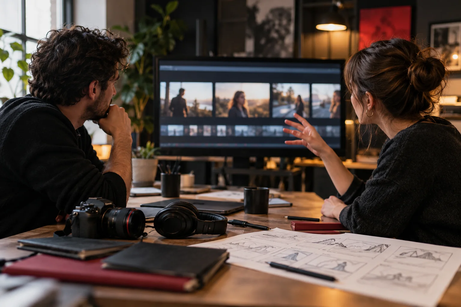 Two collaborators reviewing video edits and shaping a story in a small studio.